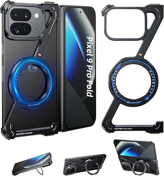 Z シェイプ フレームレス ケース Google Pixel 9 Pro フォールド用、360°回転磁気リング キックスタンド フォンケース、アルミニウム金属 ミリタリー 落下 耐衝撃 保護 バンパー カバー Pixel 9 Pro Fold、Onyx