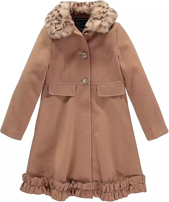 Rothschild Big Girl's Single Breasted Detachable Faux Fur Collar Ruffle Hem Coat, 10/12 (Medium)