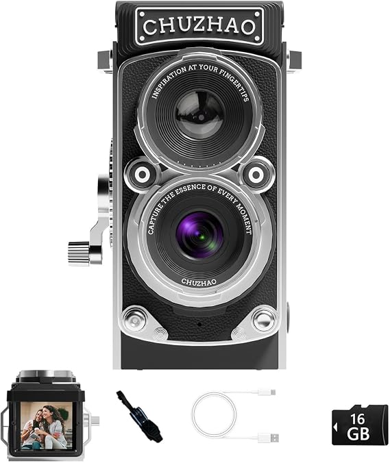 CHUZHAO Vintage Mini Digital Camera, Portable TLR Style Retro Compact Small Pocket Size 1080P Video Camera with 12MP Auto Focus Function, Suitable for Beginners, Teenagers, and Adults, 16GB Card, Neck