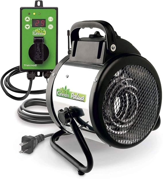 BioGreen Electric Greenhouse Heater & Fan with Digital Thermostat PALMA | 1500 Watts, 5100 BTU/hr | 5800 ft3/h Air Circulation -58 to 210.2F | Stainless Steel | Spraywater Proof