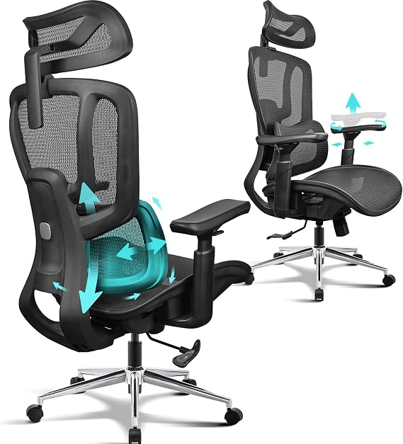 MELOKEA Ergonomic Office Chair, Big and Tall High Back Desk Chair with 8D Adjustable Lumbar Support, 4D 270° Armrests, Seat Depth Adjustment, 4-Position Tilt Lock, Gaming & Computer Chair, EN12520