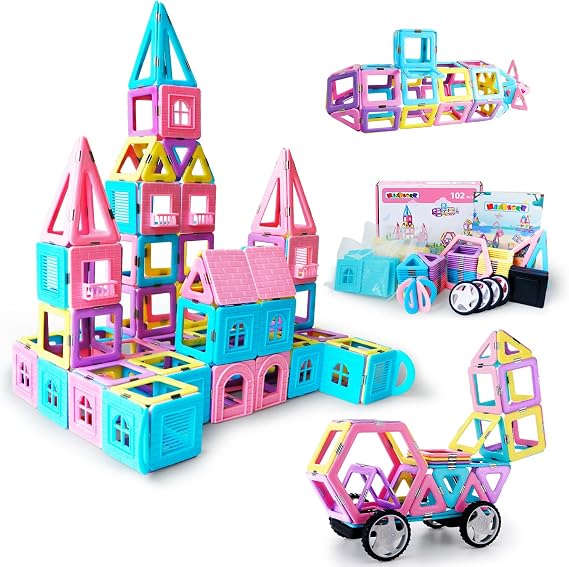 MAGBLOCK 102Pcs Magnetic Castle Tiles for 3+ Year Old Girls Boys | Castle Magnet Toy Building Block for Kids, Magnetic Blocks Educational Montessori STEM Toys for Kid Girls Gifts