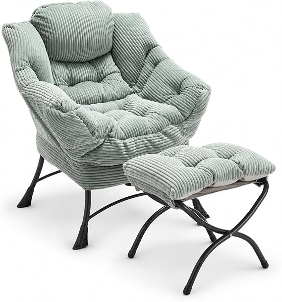 Lazy Chair with Ottoman, Modern Skinny Lounge Chair with Footrest