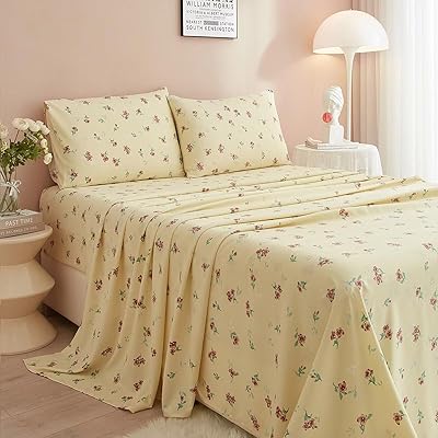 Washed Bed Sheet 3 Piece-Set Twin Yellow Floral,Stretchable Extra Deep Pocket Fitted Sheet,Soft Comfy Breathable Twin Size Flat Sheet with 1 Pillowcases,Wrinkle Free,Fade Resistant