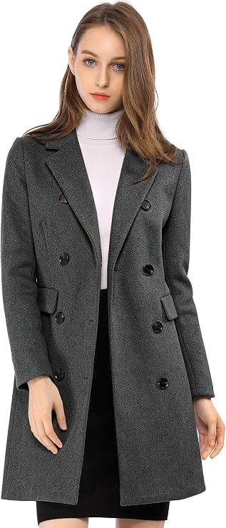 Allegra K Women's Winter Coat Notched Lapel Double Breasted Trench Peacoat