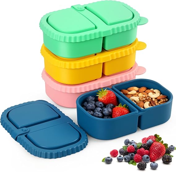 4 Pack Reusable Snack Containers, Silicone Food Storage Boxes with Lids, 2 Compartment Snackle Container for Kids & Adults, BPA-Free, Microwave & Dishwasher Safe, Ideal for Salad, Nuts & Meal Prep