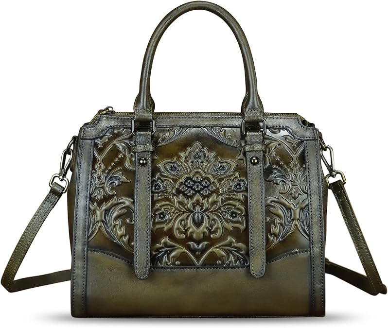Genuine Leather Purses and Handbags for Women Vintage Embossed Leather Satchel Bags Crossbody Shoulder Bag Strap