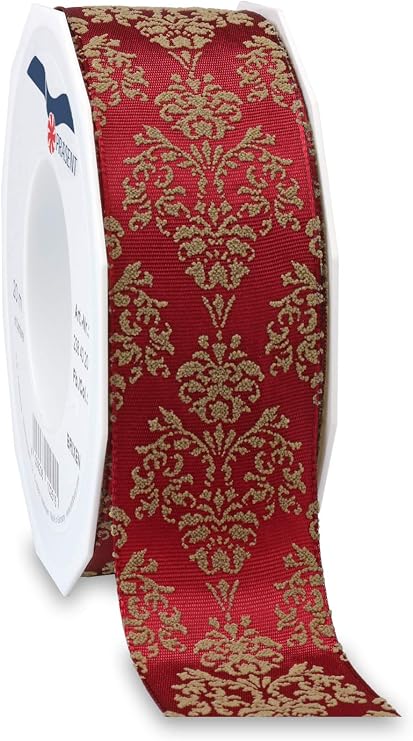 Präsent - Brixen Wired & Printed Ribbon Ruby Red-Taupe 40 mm Width, 20 m Length