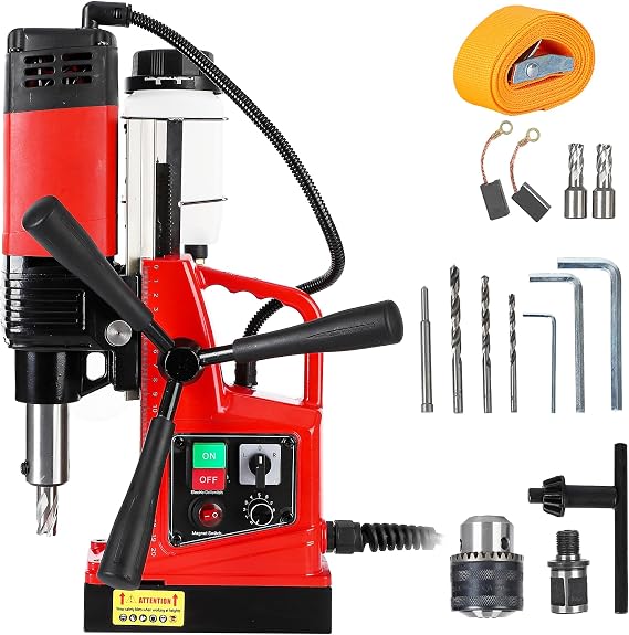 Mag Drill Press 1300W 1.57" Dia. 700 RPM 10-Speed Reversible Tapping Portable Magnetic Drill with 2 Core Drill Bits, Electric Drilling Machine for Metal Surface Home Improvement