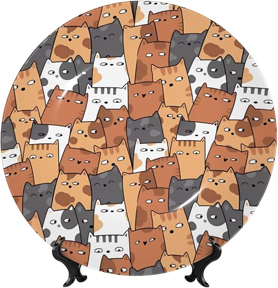 PHAYAH Orange Cats Printing Bone China Decorative Plate Ceramic Dinner Plates Crafts with Vertical Stand for Home Office Decor 7in