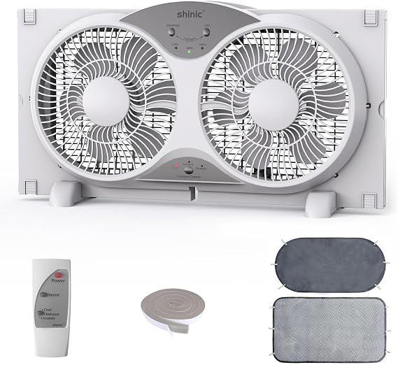shinic 9" Twin Window Fan Low-Noise Reversible Airflow, 23.8"-37", ETL