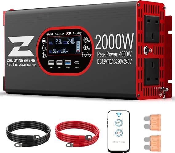 2000W/4000W Pure Sine Wave Inverter 12V to 240V AC Car Power inverter with LCD Display, 2 AC Outputs, and USB Port for RVs, Trucks, Boats, Camping, Home Use, and Vans, with Remote Control Function