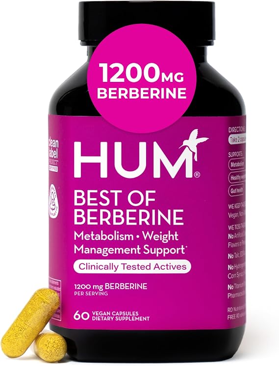 HUM Best of Berberine Supplement 1200mg, Metabolic & Gut Health, 60 Count | BioPerine, High Absorption, 2 Capsules Daily, Vegan, Non-GMO, Gluten Free