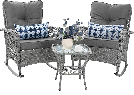 Patio Furniture Set 3 Pieces, Wicker Outdoor Rocking Bistro Set, Grey