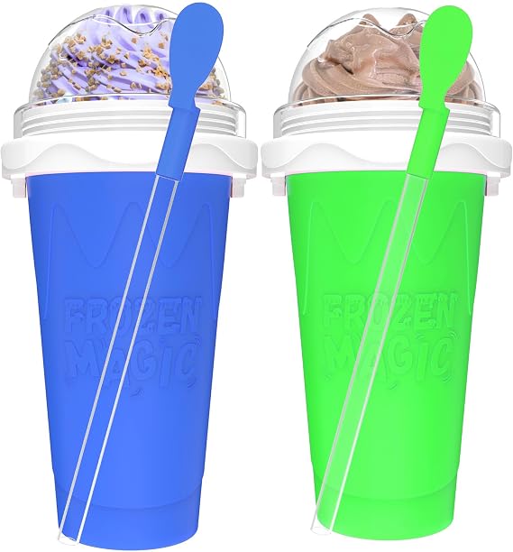 2PCS Slushie Maker Cup, Quick Frozen Magic Cups for Homemade Milk Shake Ice Cream Maker, Double Layer Squeeze Slushy Maker Cup, Birthday Gifts for Mother Father,Kids,Friends,Family (Blue+Green, 350ML)