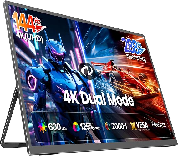 UPERFECT Portable Gaming Monitor 27, Dual Mode 4K UHD 144Hz/FHD 288Hz | 0.1ms FreeSync, 600 Nits, 125% sRGB, USB-C & HDMI 2.1 & DP 1.4, Large Second Screen for Laptop, Computer, Game Consoles