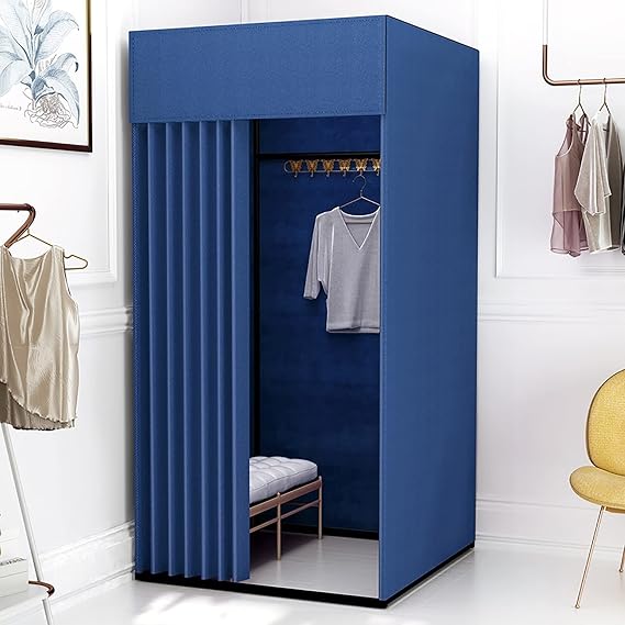 Clothing Store Fitting Room,Portable Changing Room Divider,Movable Square Changing Room,with Shading Curtain and Hook Up,Black Frame,Temporary Locker Room,for Office Boutiques Cloakroom