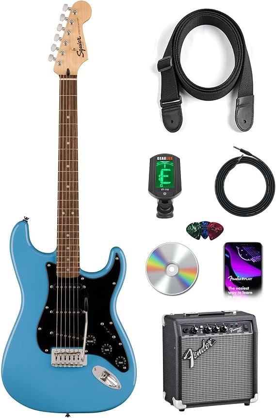 Fender Squier Sonic Stratocaster - California Blue Bundle with Frontman 10G Amp, Tuner, Strap, Cable, Picks, and Austin Bazaar Instructional DVD