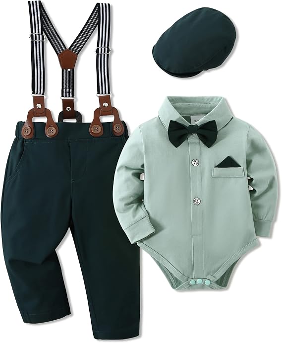 WESIDOM Baby Boy Clothes 0-24M Newborn Infant Suit Wedding Baptism Outfit | Baby Boy Formal Outfits Dress Shirt+Bowtie+Beret+Suspender Pant Baby Boys Suits Christening Gentleman Church Clothing Set