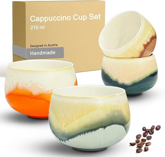 Cappuccino Cups Set of 4, 210ml-White, Premium Porcelain Cups, Handmade Colourful Coffee Cups, Ceramic Tea Cups Without Handle, Microwave and Dishwasher Safe, Suitable for All Kinds of Drinks
