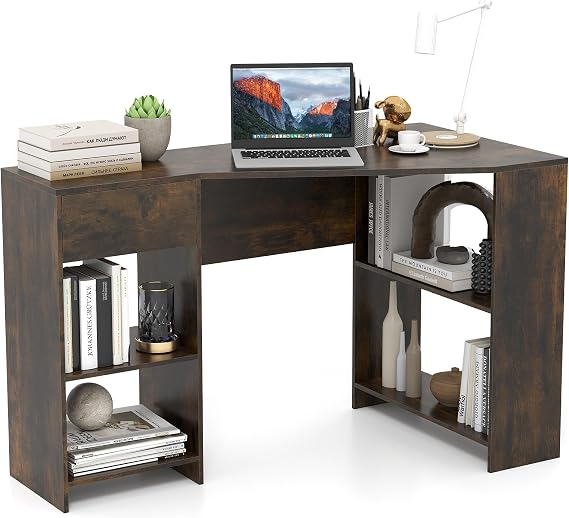 COSTWAY L-Shaped Computer Desk, 120cm Corner Study Workstation (Brown)
