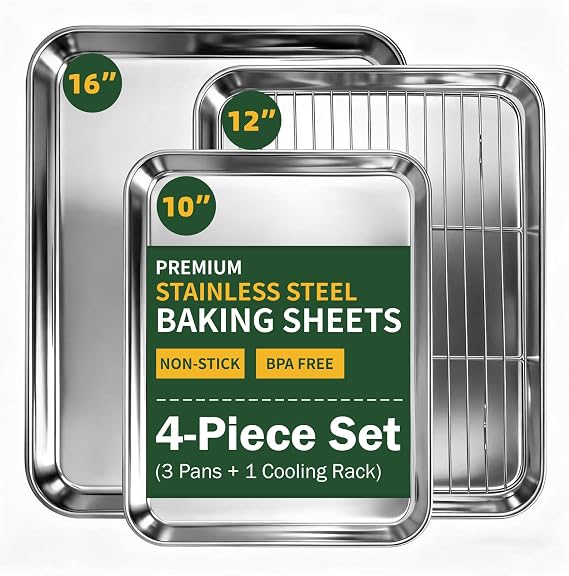 4 PCS Stainless Steel Baking Sheet Set 10/12/16 Inch with Cooling Rack