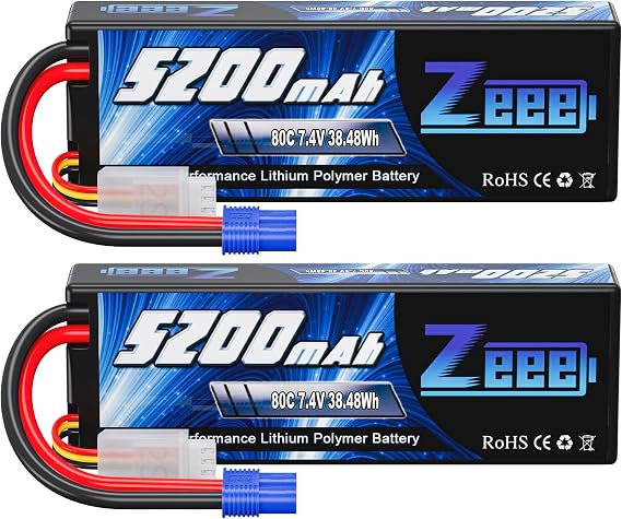 Zeee 2S Lipo Battery 7.4V 5200mAh 80C with EC3 Plug (2 Pack) | Hard Case Battery for 1/8 1/10 RC Vehicles Car Buggy Truggy RC Airplane Drone