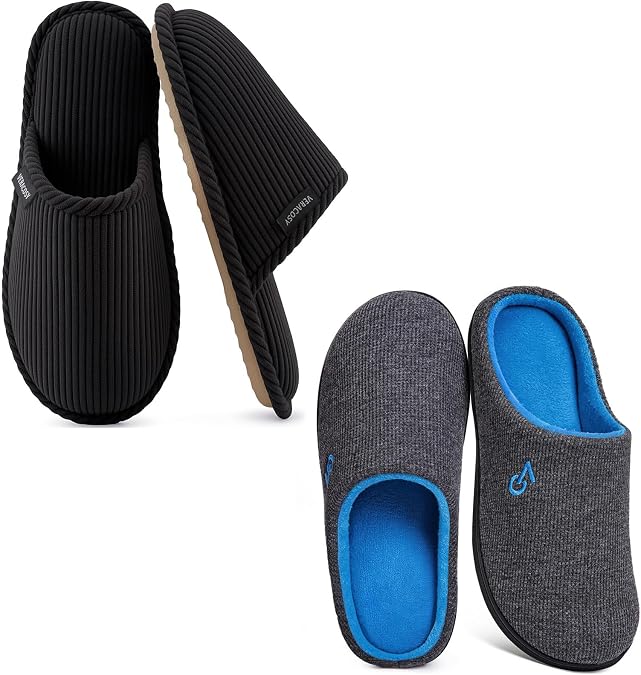 VeraCosy Men's & Women's Set of 2 Pairs-Two-Tone Memory Foam House Slippers (Size 13-14,Dark Gray)-Scuff slippers(Size 42-43,Black)