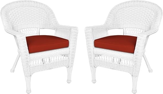 Jeco Wicker Chair with Red Cushion, Set of 2, White/W00206-