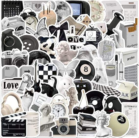 61Pcs Aesthetic Stickers Black and White Y2K Decals Pack for Laptop Decals Vinyl Waterproof Retro Vintage Stickers for Adults Teens