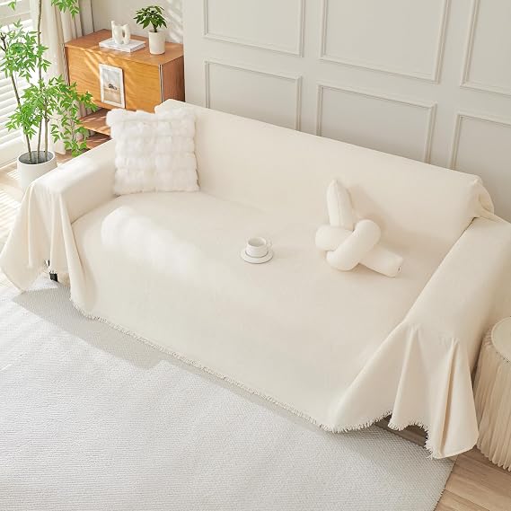 Royhom Chenille Sofa Covers 2 Seater, Corner Sofa Cover L Shape, Washable Couch Cover with Tassel, Soft Couch Covers for Dogs, Breathable, All-season Universal (Beige, 180x260cm)