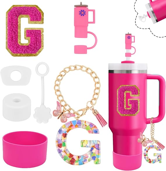 Stanley Cup Accessories Set, Cup Accessories for Stanley Cup 30 40 oz Tumbler with Handle, Including Silicone Straw Topper Cover Cap, Boot, Spill Proof Stopper, Letter Charm, Sticker (G)