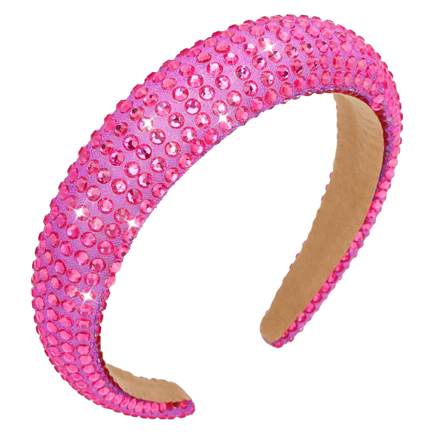 Ondder Hot Pink Rhinestone Headband - Shiny Beaded Bling Crystal Head Bands for Womens Hair - Non-Slip Fashion Sparkly Puffy Headbands for Women and Girls