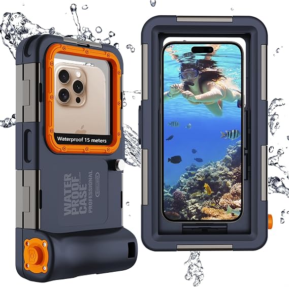 Scuba Case for iPhone, 50FT Waterproof Left Volume Button, Blue-Orange | IP68 15M waterproof, left side volume phones, enlarged 7.5CM viewfinder, 1/4" tripod mount, alloy frame, 6 lock buckles.