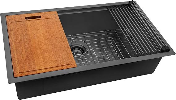 Ruvati 33 inch Workstation Kitchen Sink - Gunmetal Black 16 Gauge Stainless Steel Kitchen Sink Single Bowl with Brushed Finish hides scratches, Easy-to-Clean Undermount Sink - RVH6533BL
