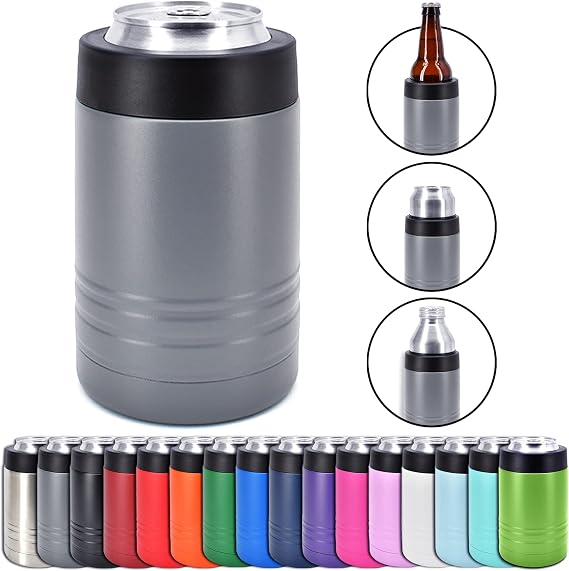 4-in-1 Stainless Steel 12 oz Double Wall Vacuum Insulated Can or Bottle Cooler Keeps Beverage Cold for Hours - Also Fits 16 oz Cans - Powder Coated Dark Gray - Clear Water Home Goods | Double Wall Vacuum Insulated, Fits 12 oz Cans & Bottles, 16 oz Cans, 18/8 Stainless Steel, Powder Coated Finish