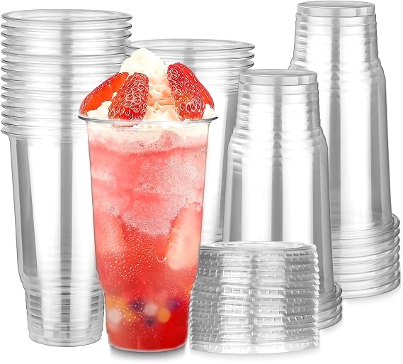32 oz Clear Plastic Cups with Lids, 30 Pack Disposable Party Cups