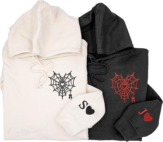 Custom Couple Embroidered Hoodies Personalized Matching Hoodies with Spider Heart Web Design Buy 2 for Couples Gifts for Lovers, Him & Her, Birthday, Valentines Day, Halloween, Christmas
