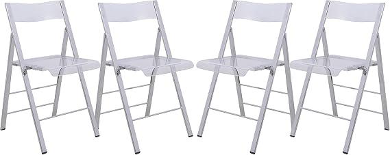 LeisureMod Transparent Acrylic Folding Chair, Lightweight Iron Chrome Base, Comfortable Clear Desk Chair, No Assembly Needed (Set of 4) in Clear