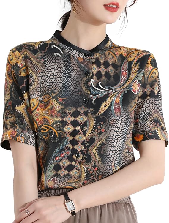 Silk T-Shirt Summer Short Sleeve Stand Collar Shirt Lapel Phoenix Print Casual Everyday Ladies Top