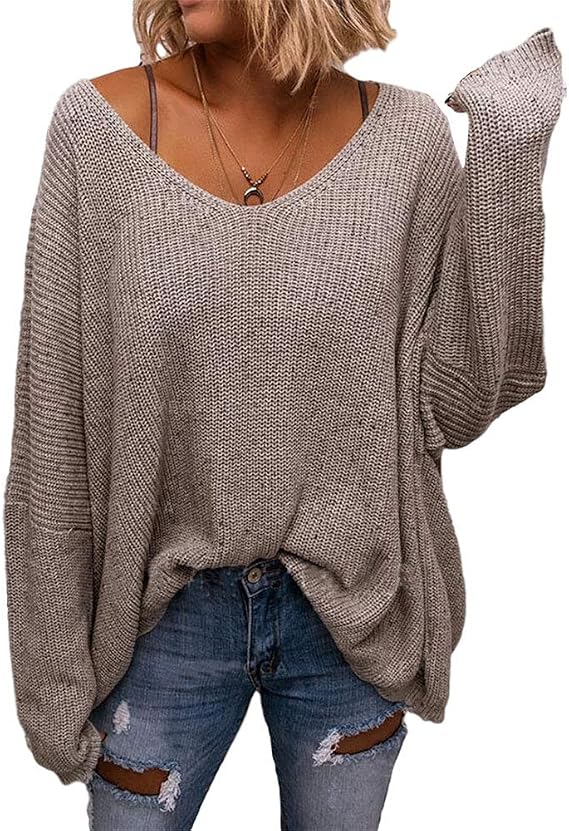BZB Women's V Neck Long Sleeve Knit Loose Oversized Pullover Sweater Top