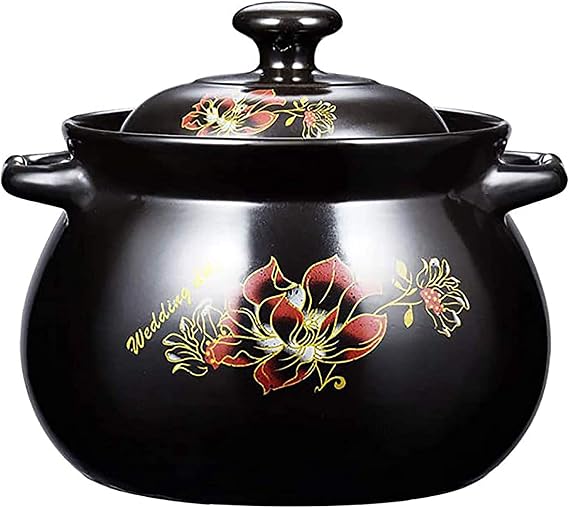 Clay Cooking Pots, Round Casserole Dish with Lid, Clay Pots for Cooking, Stockpot for Stew, Soup, Steam,Black,5.5L