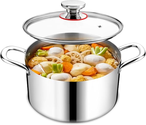 Homikit Cooking Stock Pot with Lid, 5 Quart Heavy Duty Tri-ply 18/10 Stainless Steel Soup Pot for Pasta Vegetable Steaming and Stewing, Induction Compatible & Dishwasher Safe