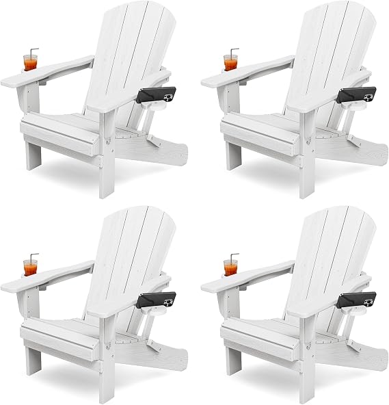 KINGYES Folding Adirondack Chair Set of 4 with 2 Cup Holders, White