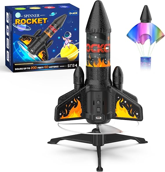 Rocket Launcher for Kids, 200 ft Self Launching Motorized Rocket Toy | Safety Parachute Land and LED, Outdoor Toys Cool Birthday Gifts for Boys Ages 8-12