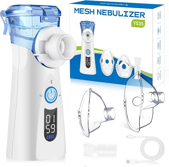 Mesh Nebuliser Machine for Adults Quiet Portable Handheld Nebulizer with 2 Masks &amp; Mouthpiece Display with LCD