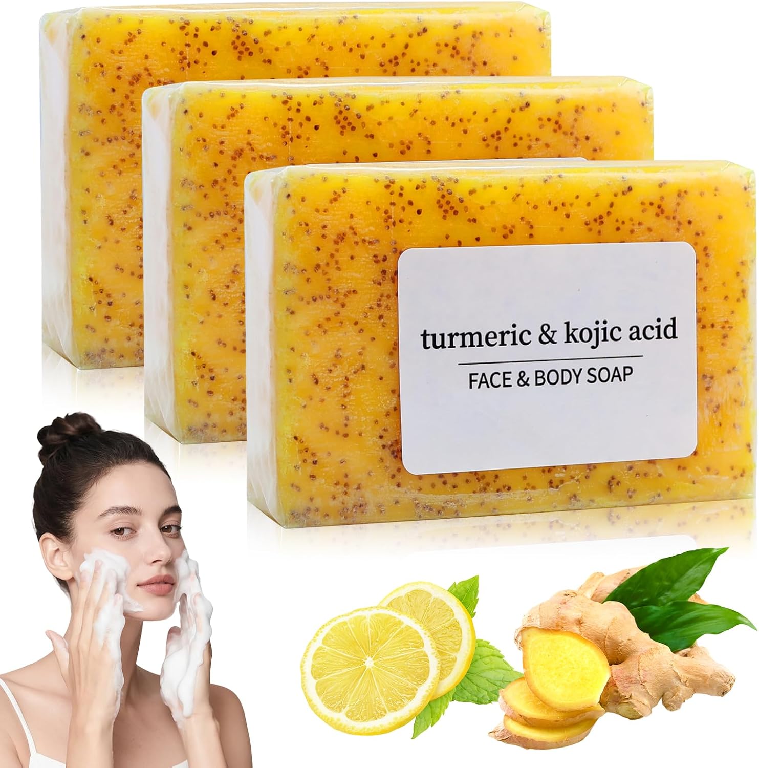 Turmeric Soap Bar with Kojic Acid, Lemon Soap, Organic Soap, 3Pcs Exfoliating Organic Soap for Acne, Dark Spots, Hyperpigmentation Smooth Skin, Soa for Sensitive Skin, Handmade Soa for Sensitive Skin