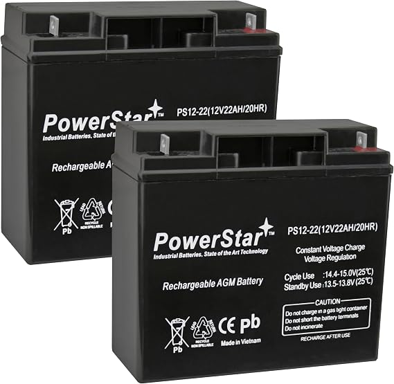 PowerStar 12V 20AH Sealed Lead Acid (SLA) Battery - T3 Terminals - for ZB-12-20 - 2PK