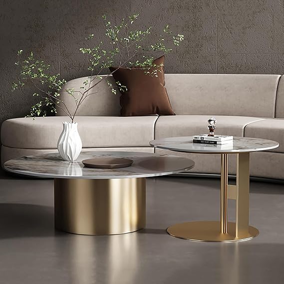 Modern Round Nesting Coffee Table with Marble Top,mid-Century Marble Coffee Table Set of 2,Luxury Center Table for Living Room,end Table Side Table with Gold Metal Base for Reception Room