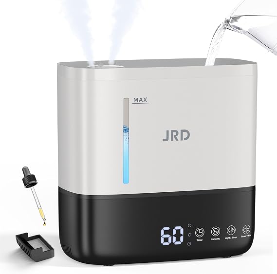 JRD Humidifiers for Bedroom, Ultrasonic Humidifier 4L for Large Room, Cool Mist Top-Fill, 40H Run, 12H Timer, 360 Nozzle, Aroma Diffuser, 7-Color Night Light for Home, Office, Baby-White